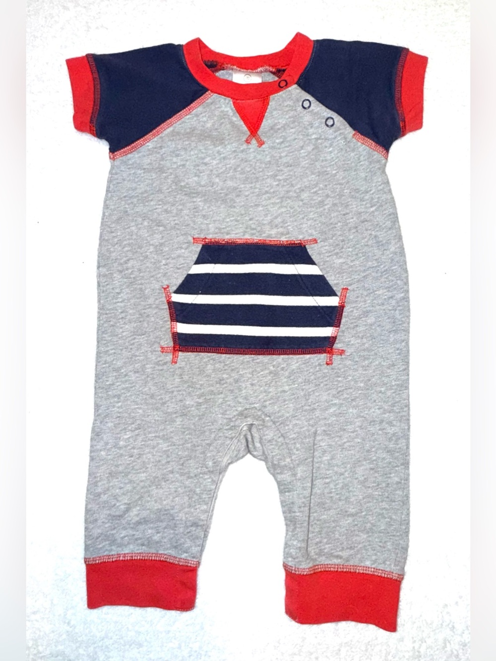 Hanna Andersson baby boy blue, red, and white baseball-style romper, sz 6-12 mos